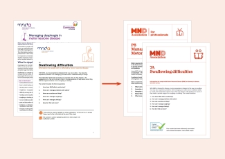 Screenshots of our publications for people with MND and for health and social care professionals, with an arrow pointing at the same publications in our new brand style 